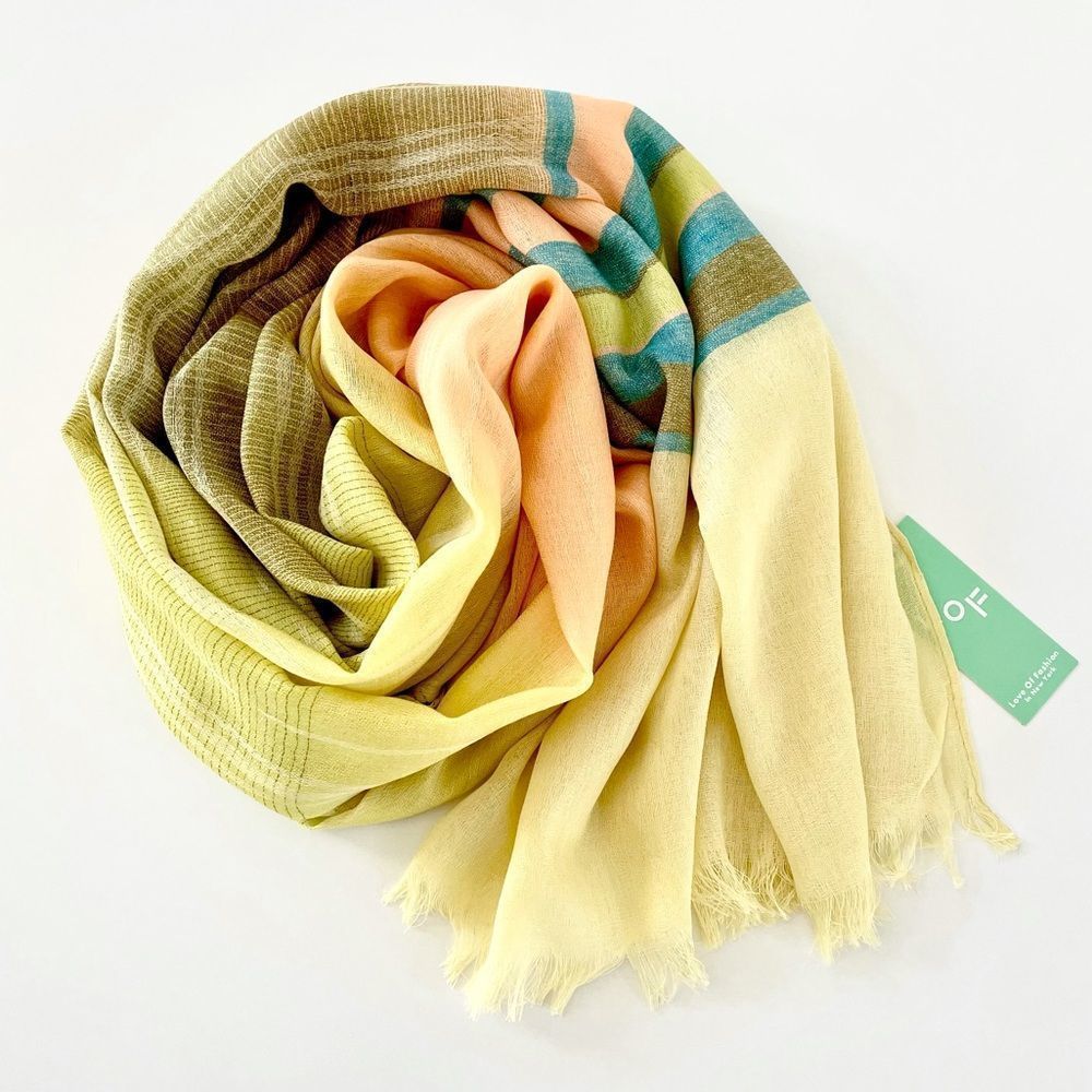 Long Striped Gauze Scarf. NWT. Deep Pastels. LOF New York. Fray Fringe Trim